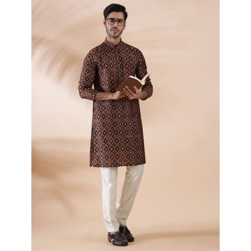 THE KURTA COMPANY Brown Multi Printed Silk Blend Mens Kurta (42)