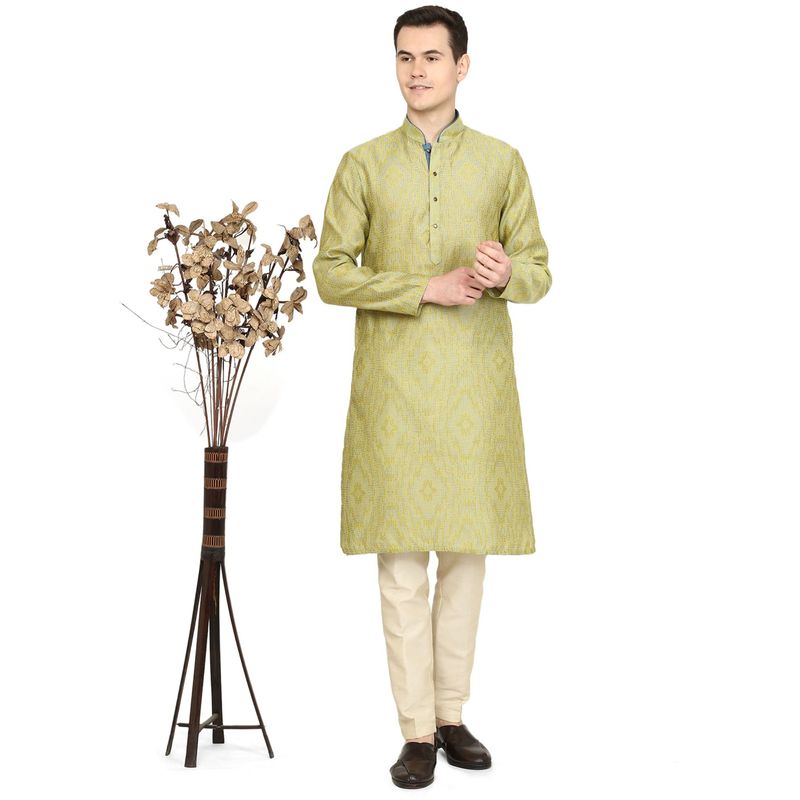 THE KURTA COMPANY Mens Printed Lemon Green Silk Blend Kurta (46)