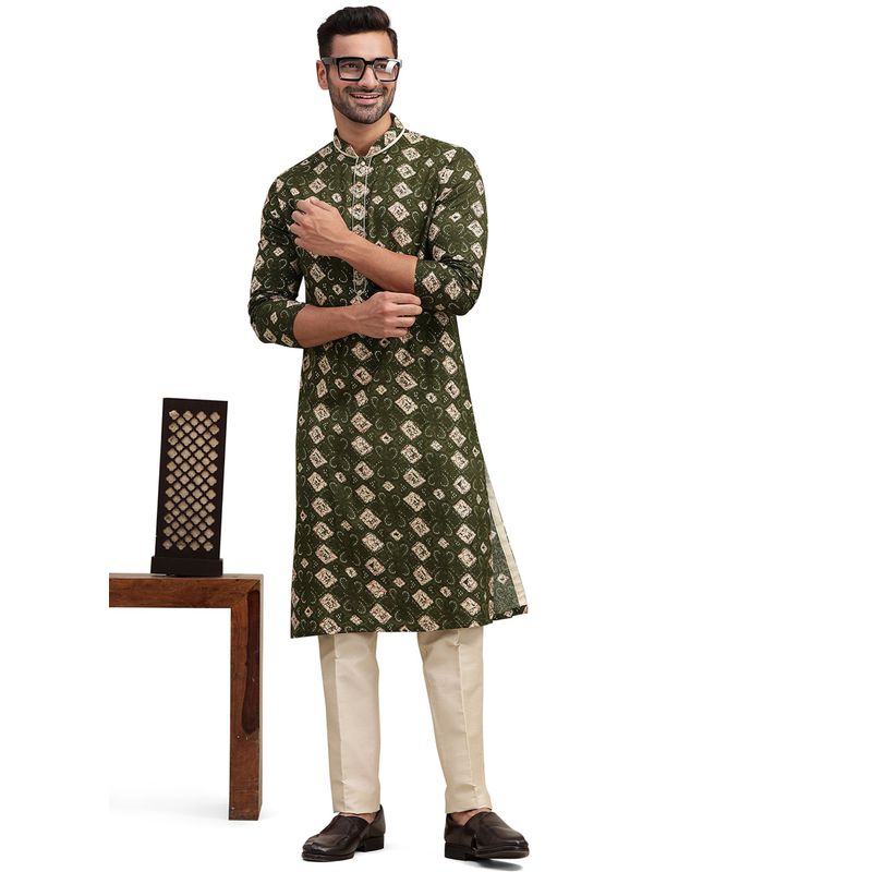 THE KURTA COMPANY Mens Forest Green Cotton Blend Printed Regular Fit Kurta (38)