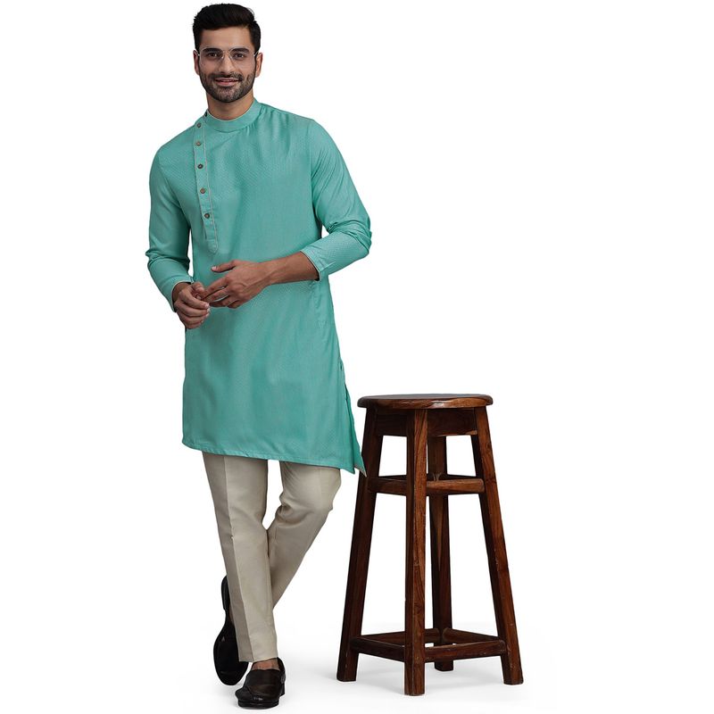 THE KURTA COMPANY Mens Sky Blue Silk Jacquard Self Design Kurta - Perfect For Mehndi Occasions (38)