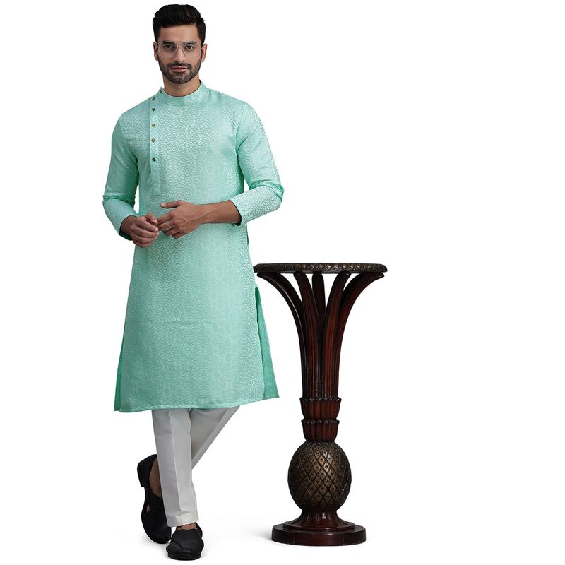 THE KURTA COMPANY Mens Mint Green Jacquard Regular Fit Side Button Kurta (44)