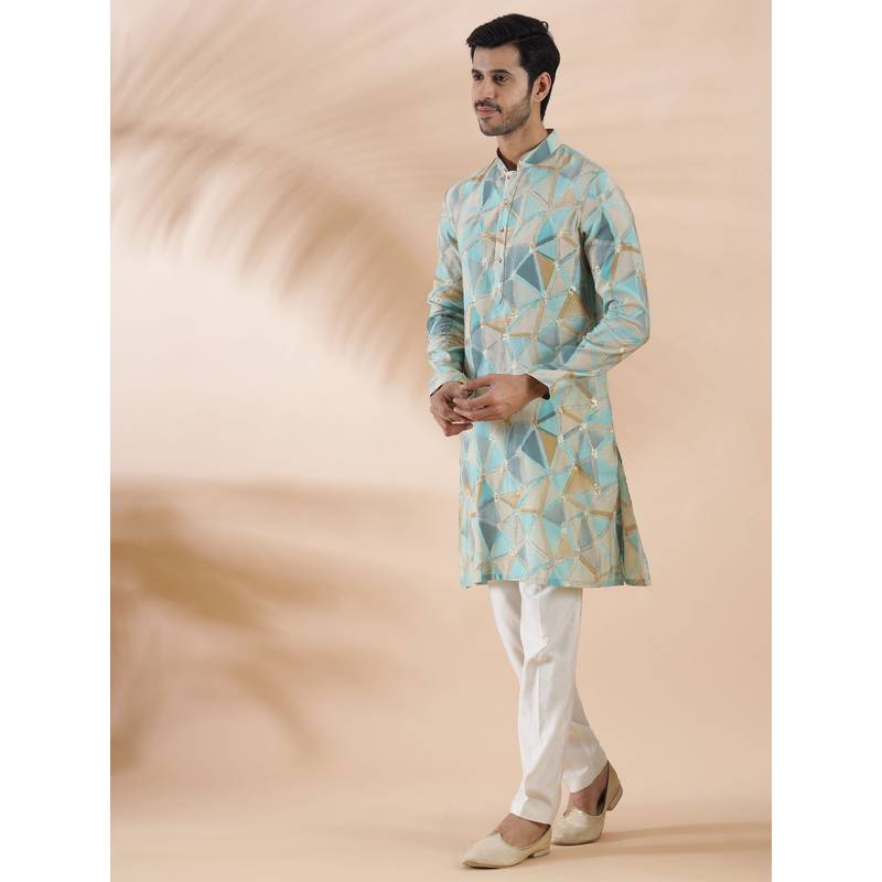 THE KURTA COMPANY Aqua Blue Printed Silk Blend Kurta For Men (38)