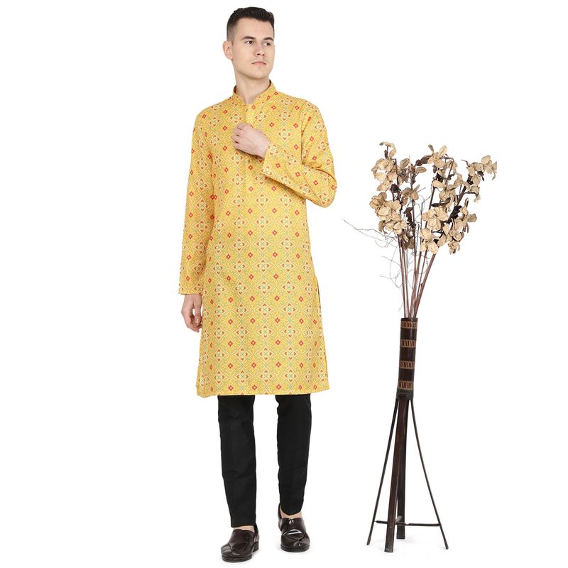 THE KURTA COMPANY Mens Printed Mustard Yellow Silk Blend Regular Fit Kurta (38)