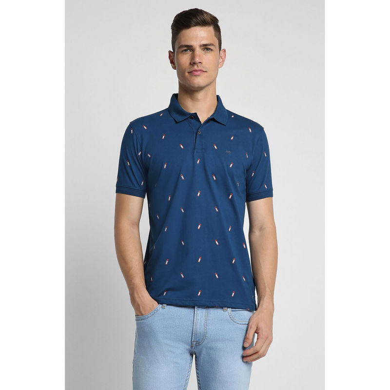 Peter England Men Blue Printed Polo Neck Polo T-Shirts (L)