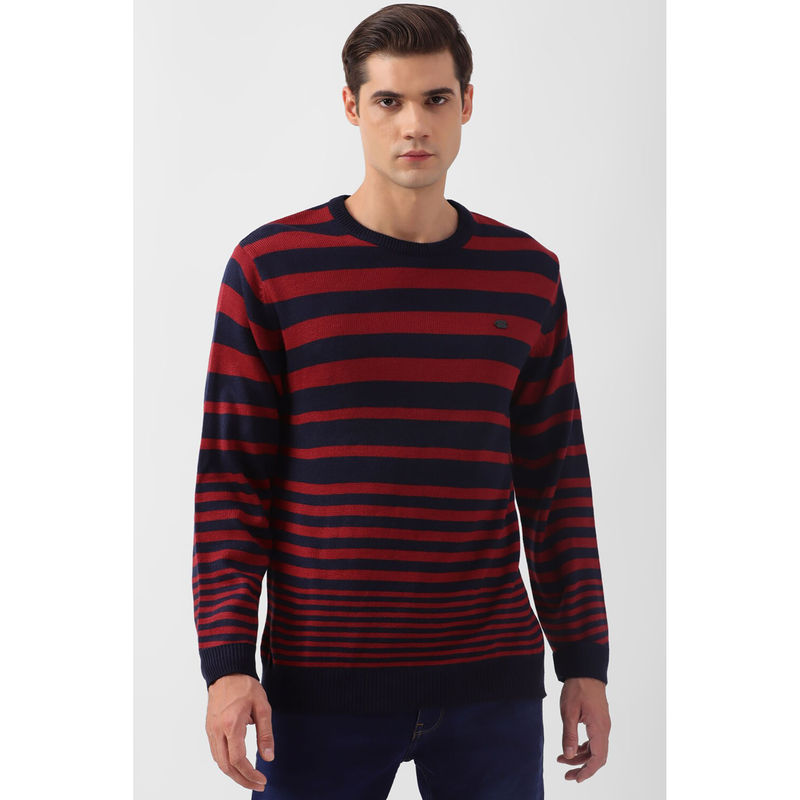 Peter England Men Navy Stripe Crew Neck Sweater (S)