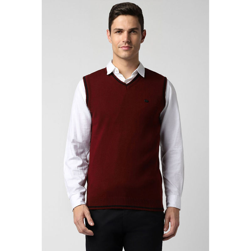 Peter England Men Maroon Solid V Neck Sweater (M)