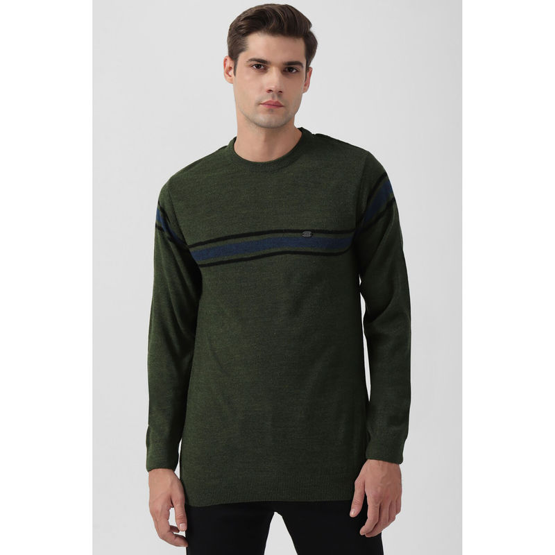 Peter England Men Olive Textured Crew Neck Sweater (M)