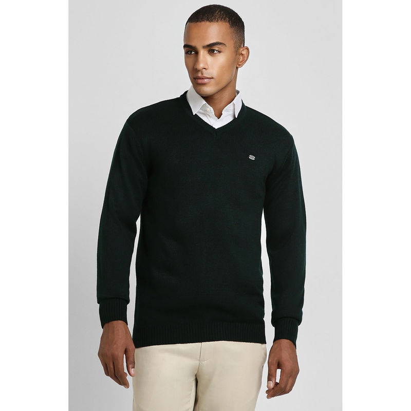 Peter England Men Green Solid V Neck Sweater (M)