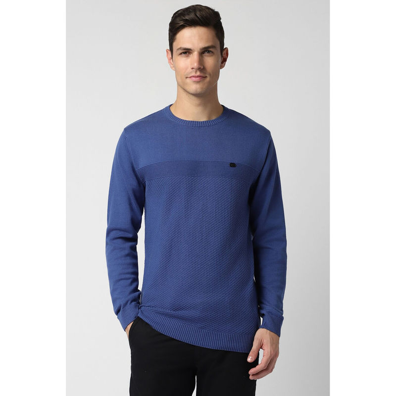 Peter England Men Blue Textured Crew Neck Sweater (S)
