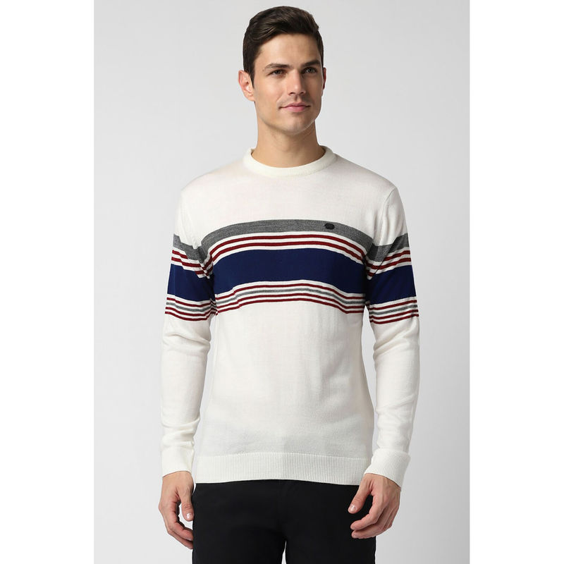 Peter England Men White Stripe Crew Neck Sweater (S)