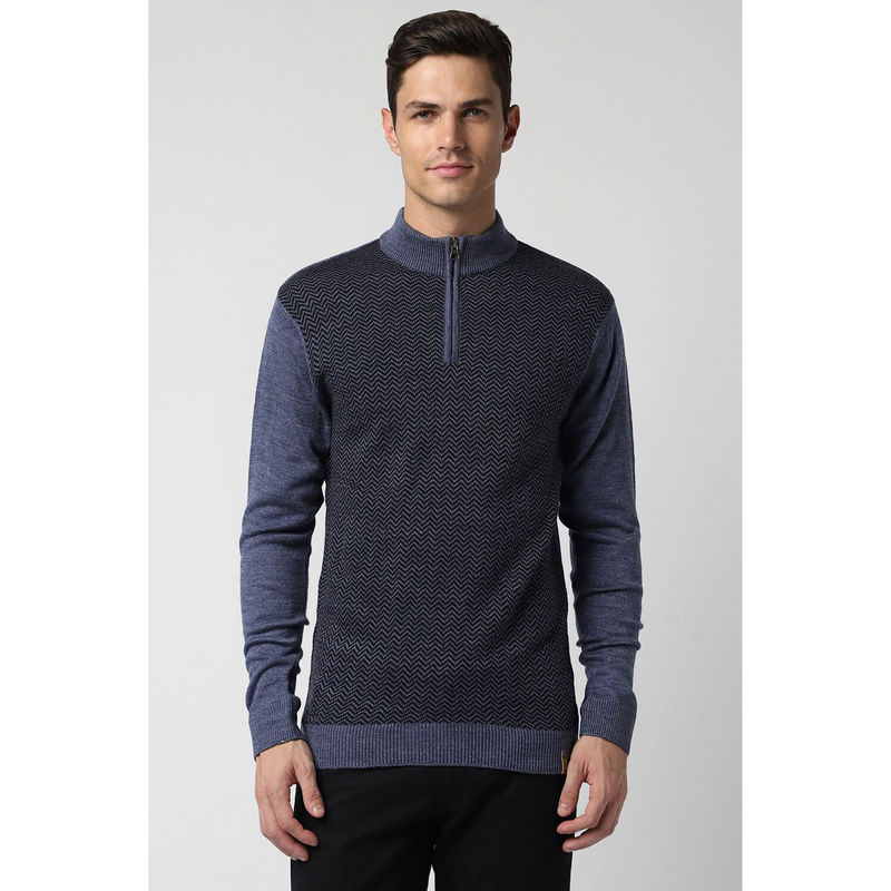 Peter England Men Blue Textured High Neck Sweater (S)