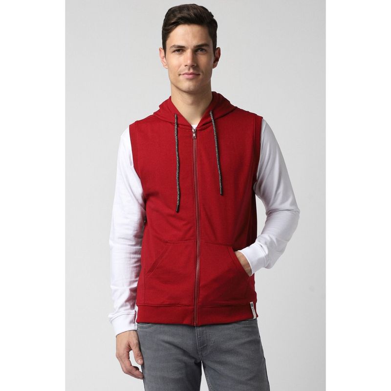 Peter England Men Red Solid Hooded Neck Sweatshirt (S)