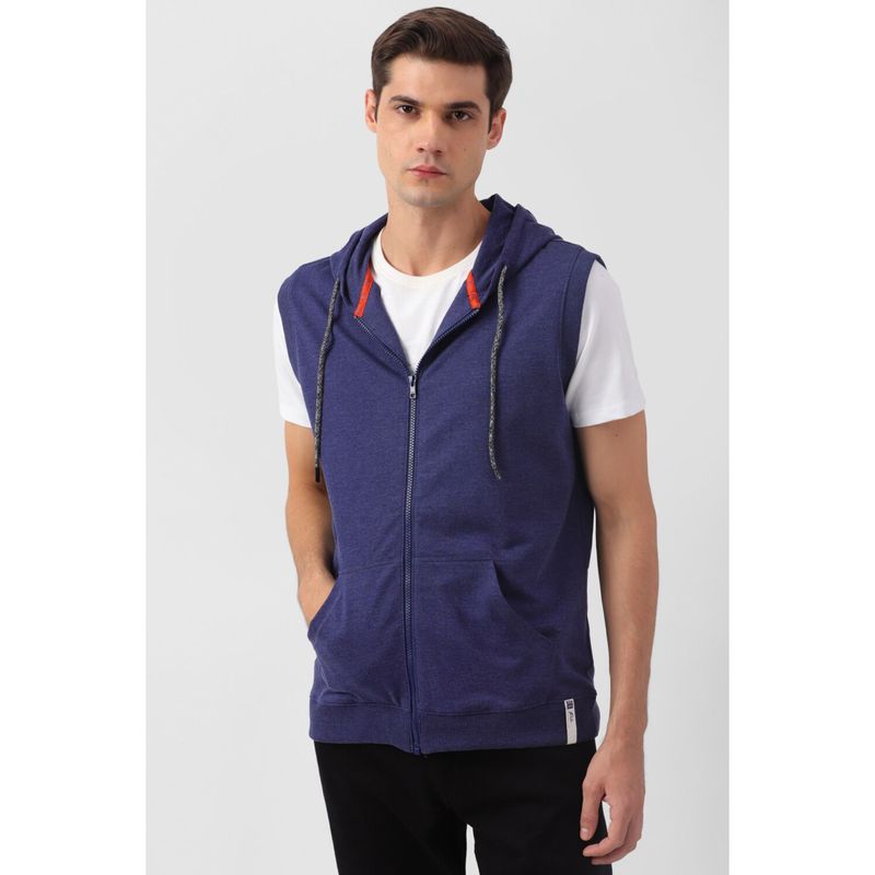 Peter England Men Blue Solid Hooded Neck Sweatshirt (M)