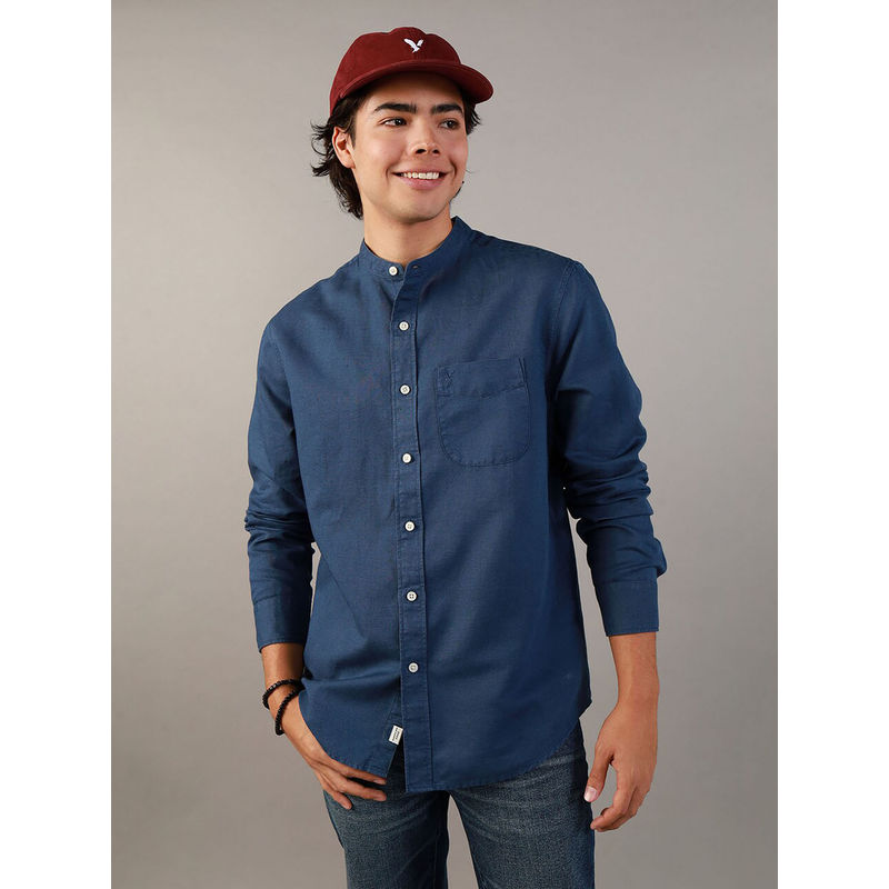 American Eagle Men Blue Band Collar Linen Button-Up Shirt (XS)