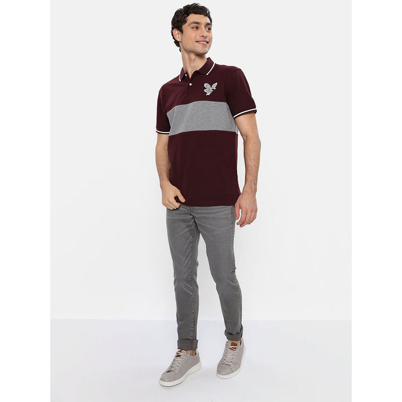 American Eagle Men Burgundy Colorblock Pique Polo T-Shirts (XL)