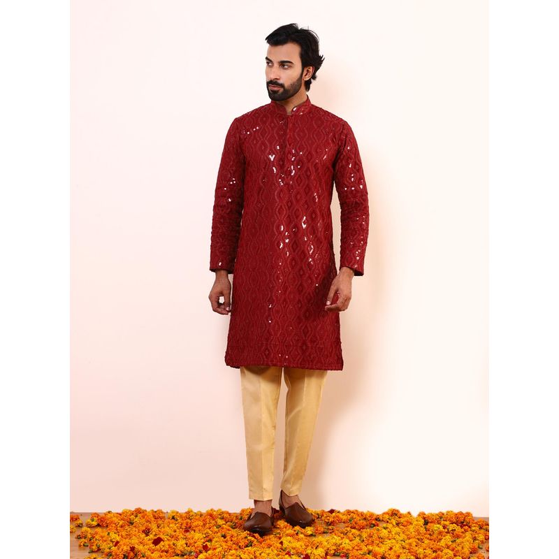 SATWAA Deep Red Embellished Men Kurta (38)