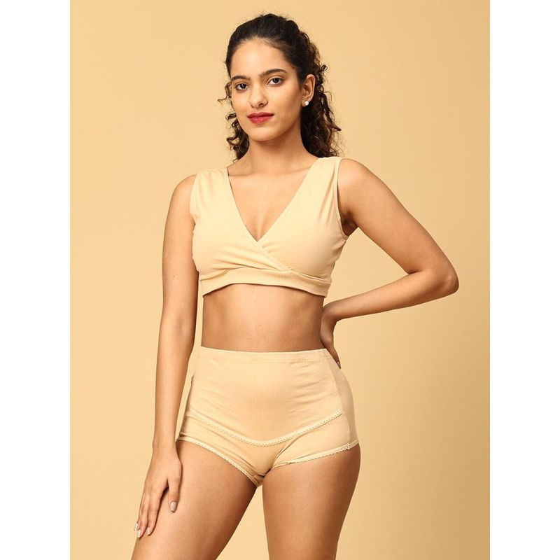 The Mom Store Maternity Sleep Bra and Over Belly Support Panty -Beige (Set of 2) (L)