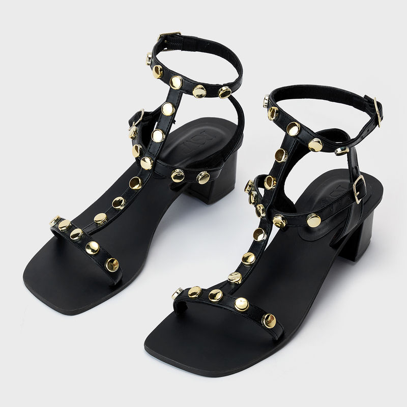 RSVP by Nykaa Fashion Black Square Toe Studded Gladiator Heels For Women (EURO 37)