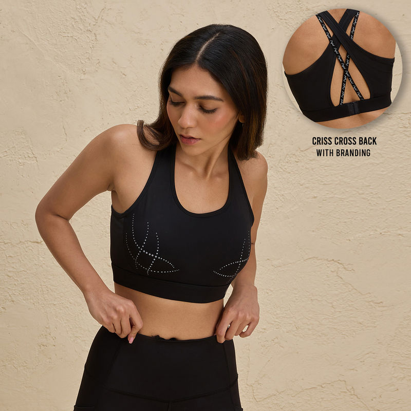 Nykd By Nykaa Reflective Print Sports Bra with Criss cross Back-NYK298-Jet Black (XL)
