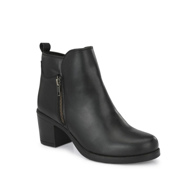 Delize Black Solid Mid Heel Ankle Boots with Embossed Collar (EURO 39)