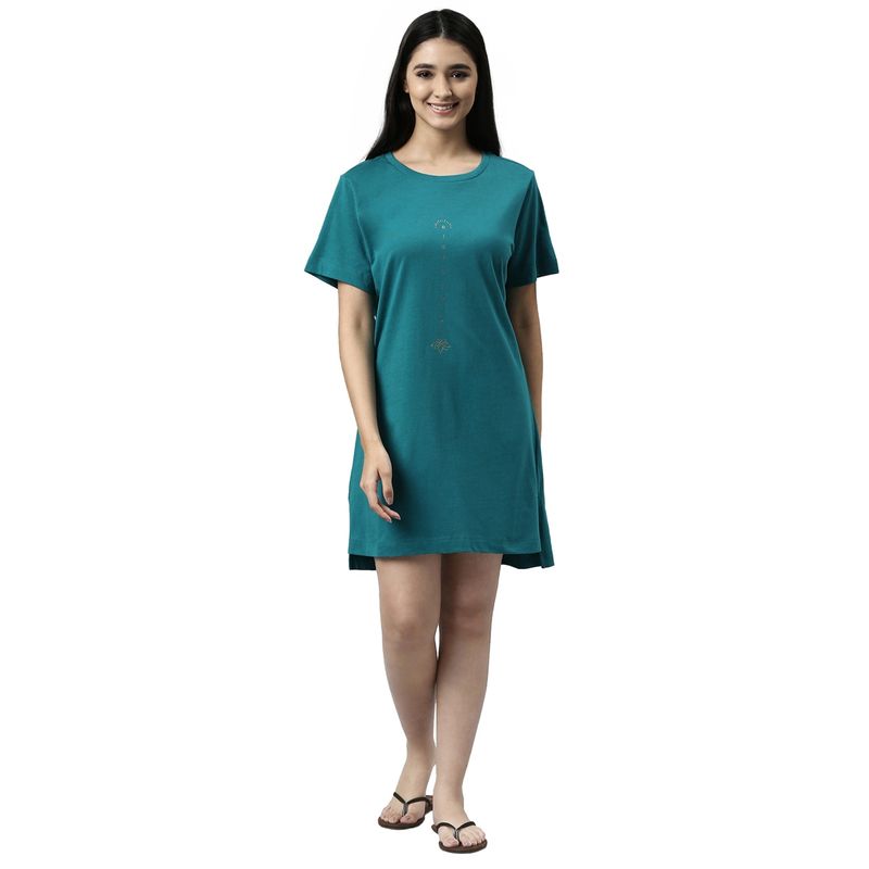Enamor Womens E061-Relaxed Fit Short Sleeve Crew Neck Cotton Tunic Tee Dress-Green (L)