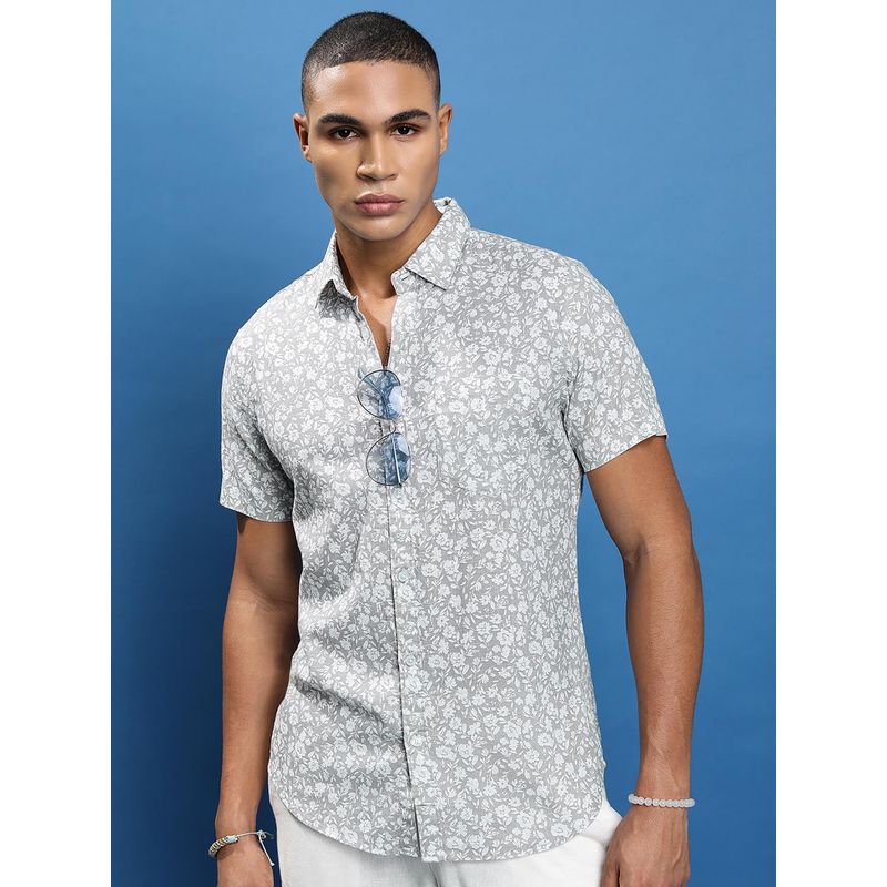 HIGHLANDER Men Grey Printed Slim Fit Shirt (L)