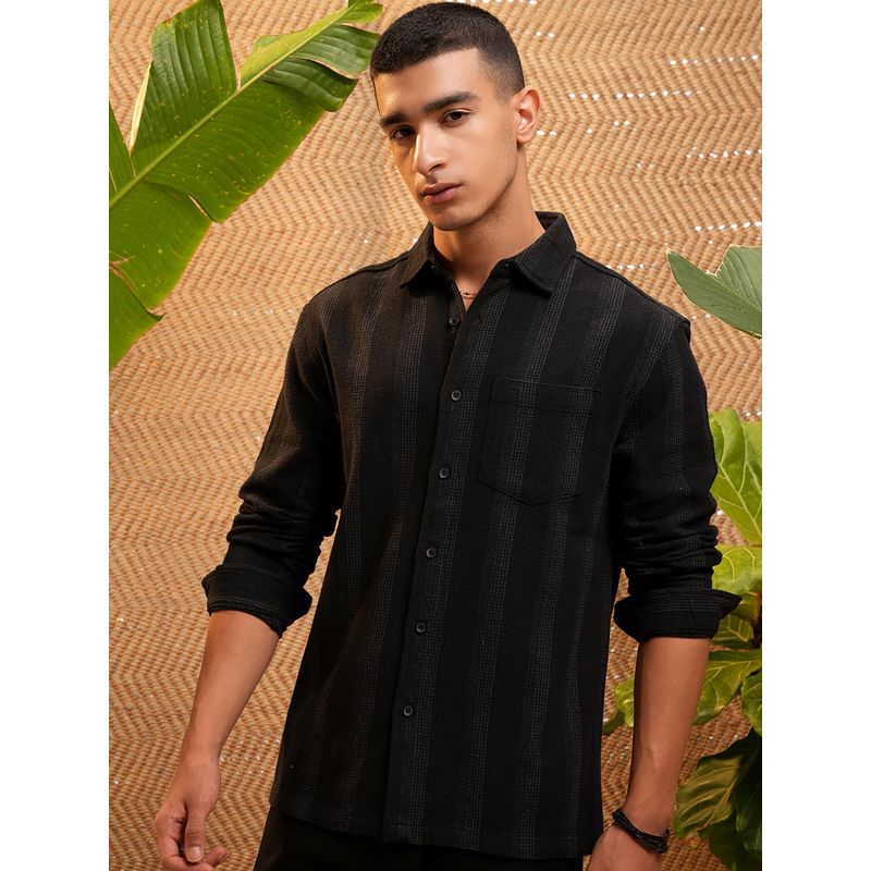 HIGHLANDER Men Spread Collar Vertical Stripes Cotton Relaxed Fit Black Casual Shirt (XL)