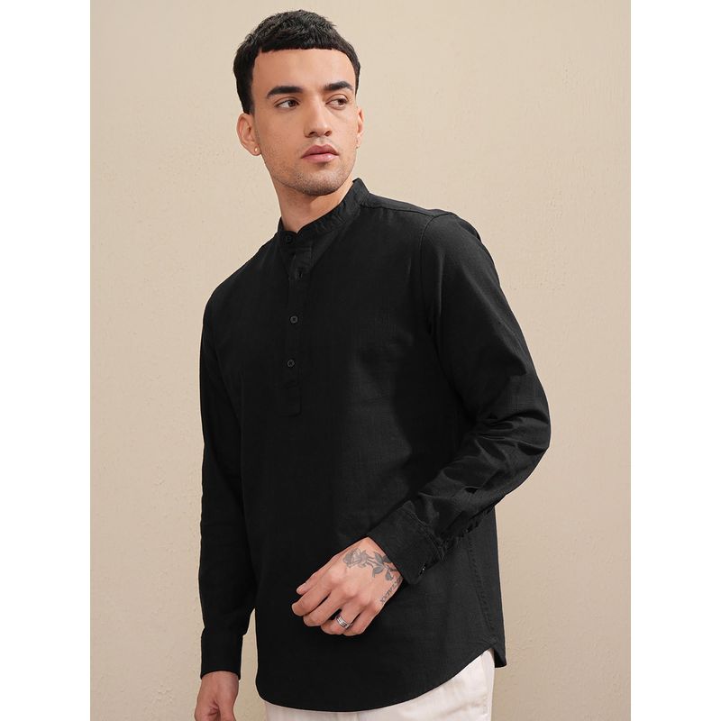 HIGHLANDER Men Black Solid Mandarin Collar Half Placket Roll-Up Sleeve Casual Shirt (L)