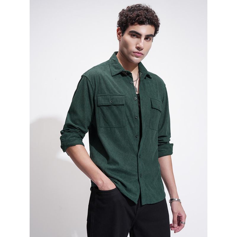 HIGHLANDER Men Green Corduroy Textured Relaxed Fit Shirt (XL)