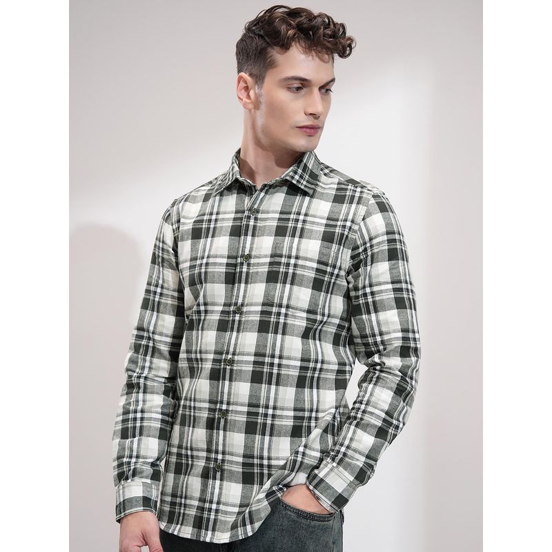 HIGHLANDER Men Off White & Olive Checked Relaxed Shirt (L)