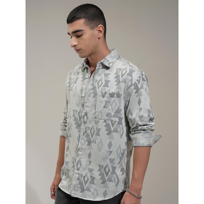 HIGHLANDER Men Sea Green Abstract Jacquard Relaxed Shirt (L)