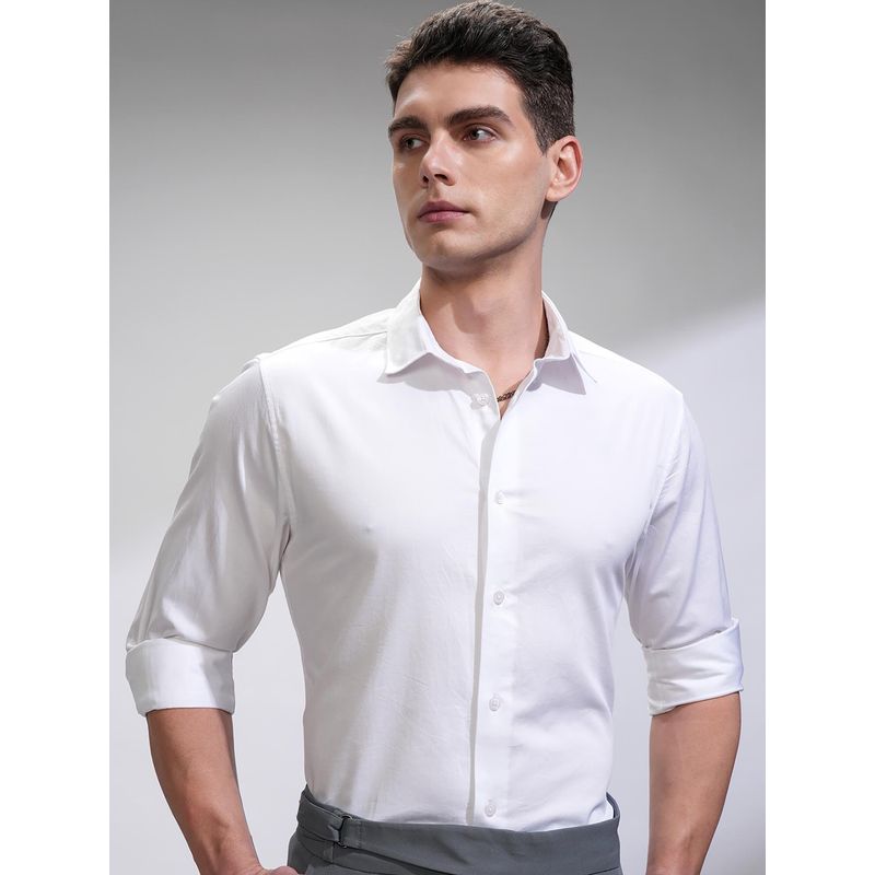 HIGHLANDER Men White Satin Solid Occasion Shirt (L)