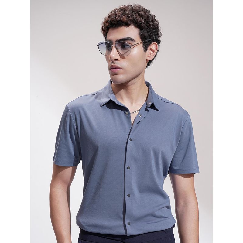 HIGHLANDER Men Blue Knitted Slim Fit Shirt (L)