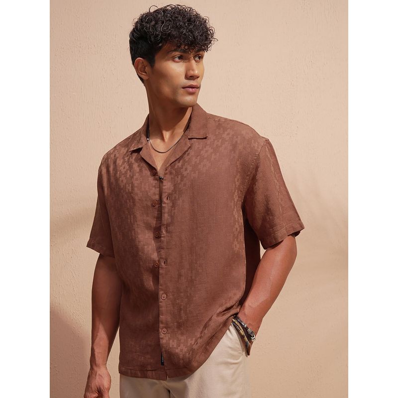 HIGHLANDER Men Brown Dobby Textured Cuban Collar Oversized Shirt (L)