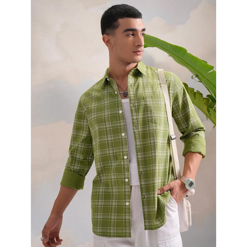 HIGHLANDER Men Dusty Green and White Slim Fit Full Sleeve Shirt (M)