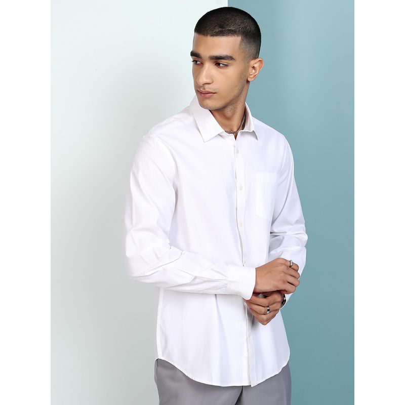 HIGHLANDER Men White Regular Fit Button Down Collar Full Sleeve Satin Shirt (L)