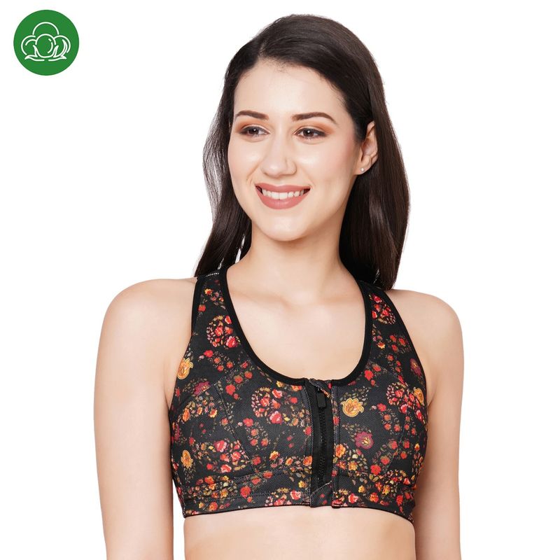 Inner Sense Organic Cotton Antimicrobial Medium Impact Printed Sports Bra - Black (L)