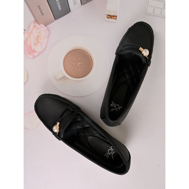 Jove Women Black Textured Wedge Heel Loafers (EURO 37)