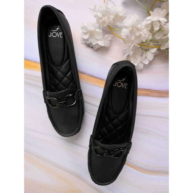 Jove Women Black Textured Wedge Heel Loafers (EURO 37)