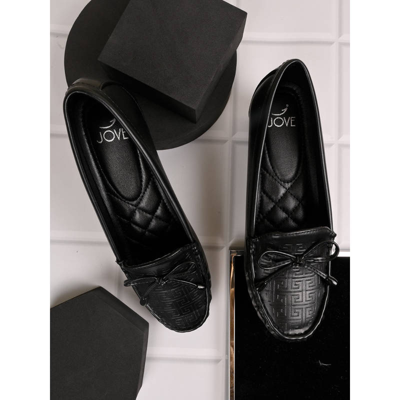 Jove Women Black Textured Wedge Heel Loafers (EURO 39)