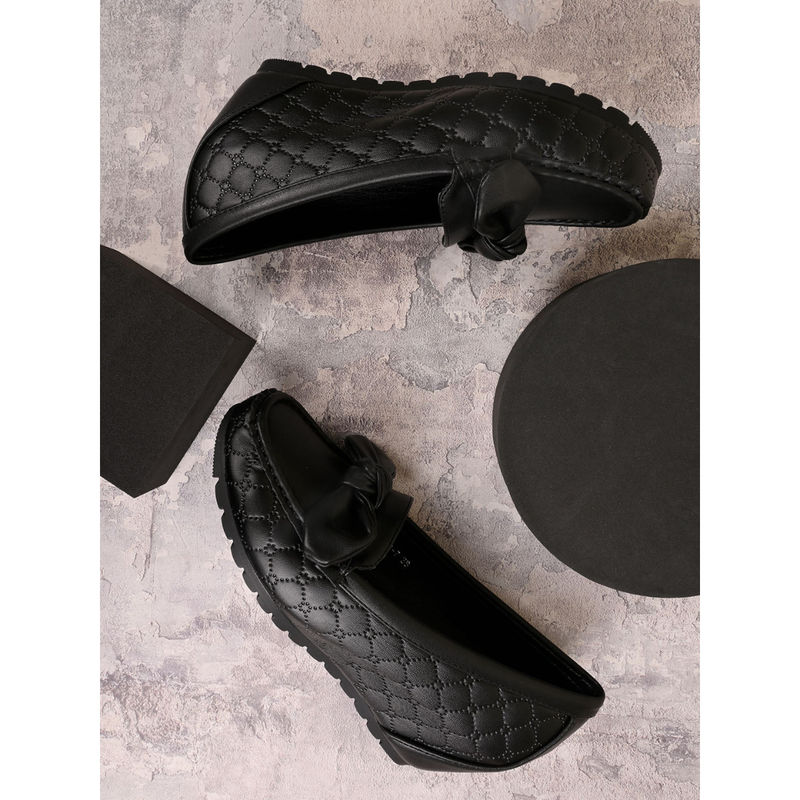 Jove Women Black Textured Wedge Heel Loafers (EURO 39)