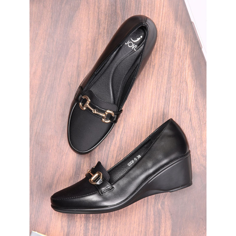 Jove Women Black & Gold Solid Loafers (EURO 37)