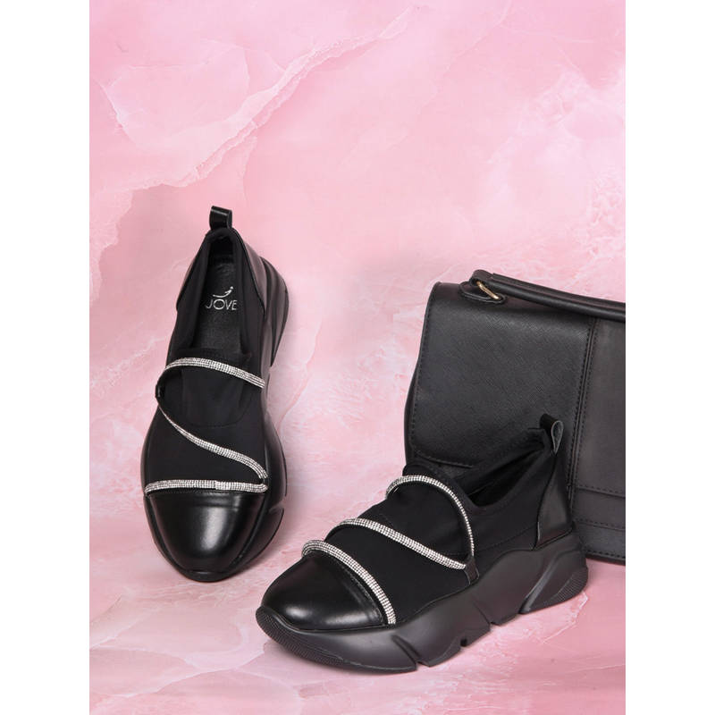Jove Women Black & Silver Embellished Sneakers (EURO 36)