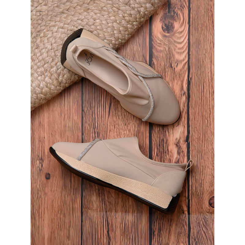 Jove Women Beige Embellished Sneakers (EURO 39)