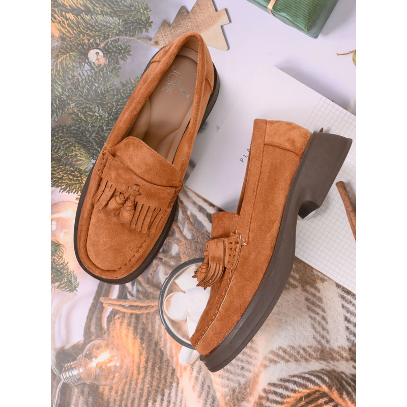 Jove Women Tan Solid Tassel Loafers (EURO 36)