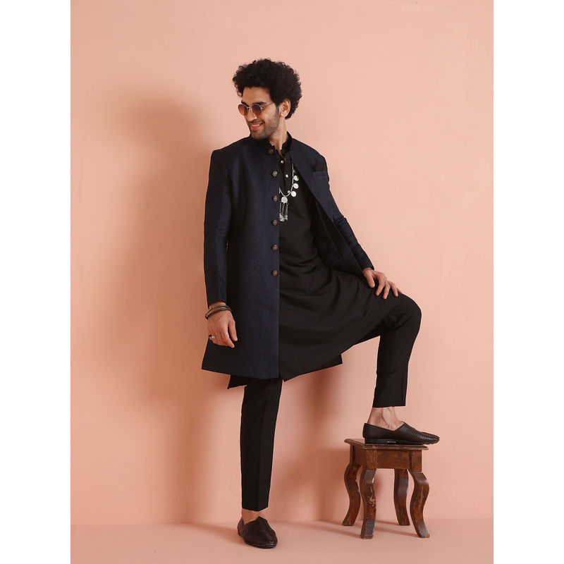 KISAH Men Navy Blue Silk Blend Jacquard Kurta Indowestern Sherwani Trouser Set with Geometric Pattern (40)