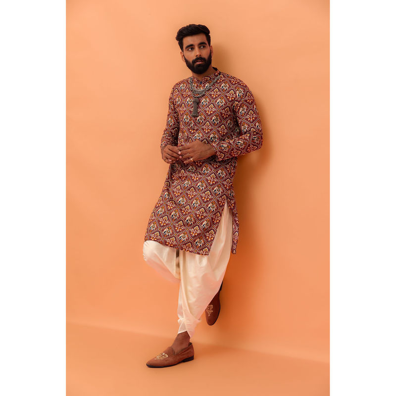 KISAH Men Pink Printed Cotton Blend Kurta Dhoti Set with Patola Print (L)