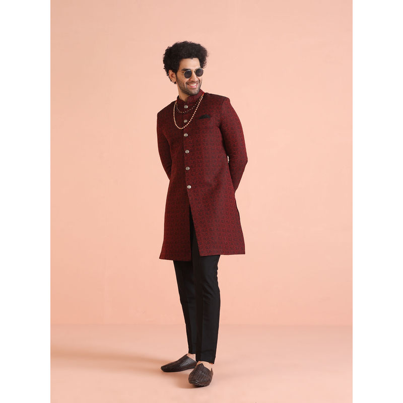 KISAH Men Maroon Textured Silk Blend Jacquard Indowestern Sherwani Trouser Set with Zari Design (M)
