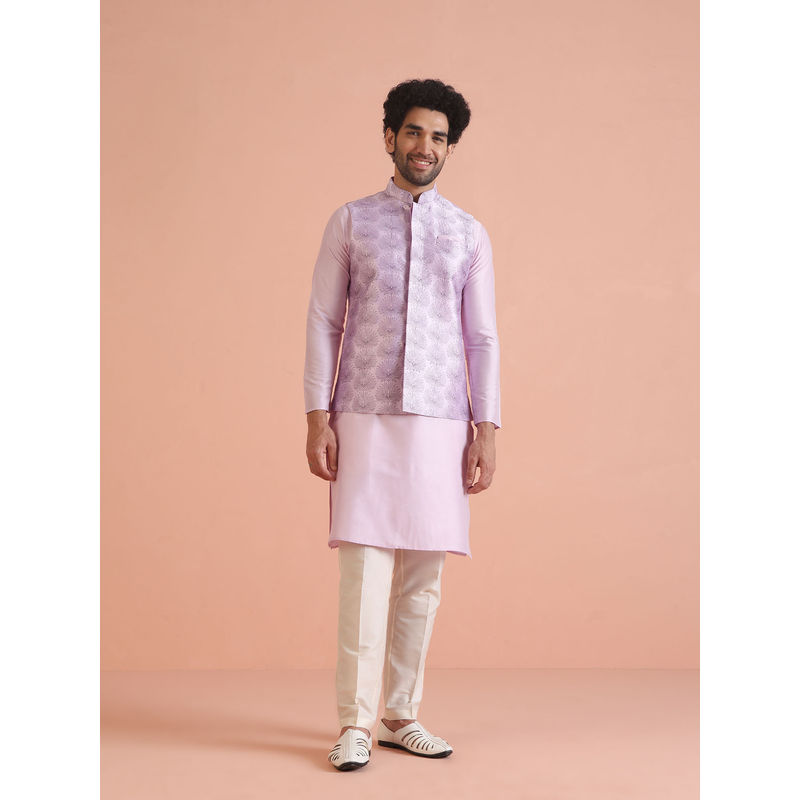 KISAH Men Lilac Embroidery Silk Blend Kurta Jacket Trouser Set with Floral Design (38)