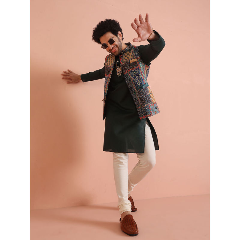 KISAH Men Multi Coloured Printed Cotton Blend Kurta Jacket Churidar Set with Abstract Print (38)